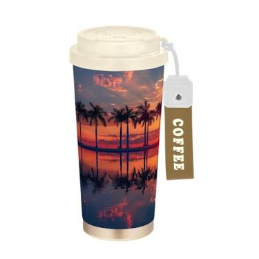 Imagem de SEHANY Caneca de viagem com palmeira de verão, 482 g, copos de café reutilizáveis revestidos de cerâmica com tampa à prova de vazamento, parede dupla, isolamento a vácuo, copo de café de aço