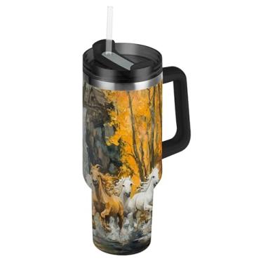 Imagem de SEHANY Copo Majestic Horse de 850 g com tampa e canudo, aço inoxidável de vácuo duplo isolado garrafa de água esportiva suporte de copo de café de viagem à prova de vazamento para bebida gelada