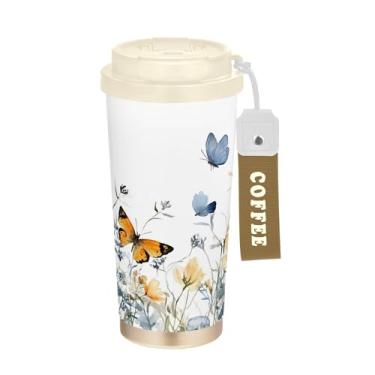 Imagem de SEHANY Caneca de viagem borboleta e flores de 482 ml Copos de café reutilizáveis revestidos de cerâmica com tampa à prova de vazamento, parede dupla, isolamento a vácuo, copo de café de aço inoxidável