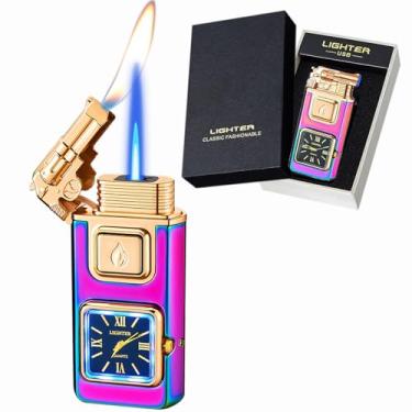 Imagem de Isqueiro de maçarico, controle de voz inteligente mágico de dragão de chama dupla, à prova de vento com tanque de combustível visível, isqueiros de butano recarregáveis de chama ajustável para homens