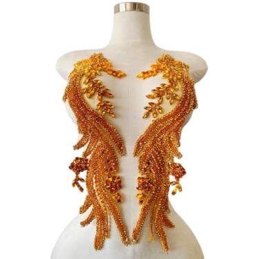 Imagem de Jpumley.pksn Apliques de renda de strass feitos à mão costurados em miçangas para acessórios de roupas de vestido 1 par/bolsa 14 x 20 cm (ouro)