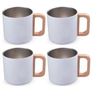 Imagem de Kit Conjunto 4 Canecas Térmicas 400ml Cor Branca com Alça de Bambu – Parede Dupla em Aço Inox, Isolamento Térmico, Design Elegante, Para Bebidas Quentes e Frias