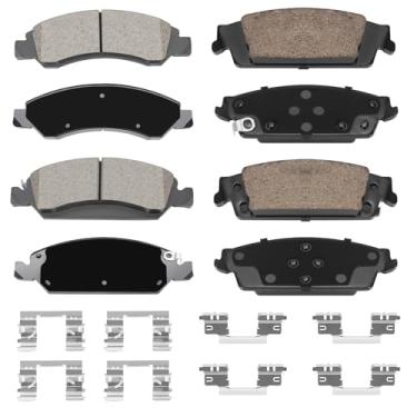 Imagem de HECHENQICHE Conjunto de pastilhas de freio de cerâmica dianteiras e traseiras com ferragens para CADILLAC Escalade & ESV (2015-2020), CHEVROLET Silverado 1500 (2014-2018) Suburban (2015-2020), GMC