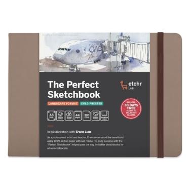 Imagem de Etchr The Perfect Sketchbook Deckle Edition – Premium 300 GSM 100% algodão prensado a frio, bordas rasgadas à mão, encadernação plana, capa de couro vegano (paisagem A5 - 5,8 x 8,3 polegadas)