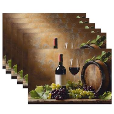 Imagem de Jogo americano de tecido, garrafa de vinho, uva, vinho, conjunto de 6, tapetes de mesa rústicos laváveis, tapetes decorativos para jantar, casa, cozinha, festas de fim de ano, 29 x 44 cm