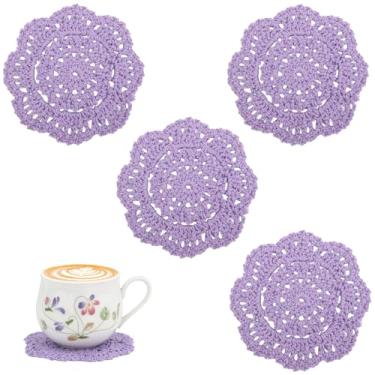 Imagem de kilofly Conjunto pequeno para porta-copos de renda de algodão crochê, 4 peças, redondo, 10 cm (roxo)
