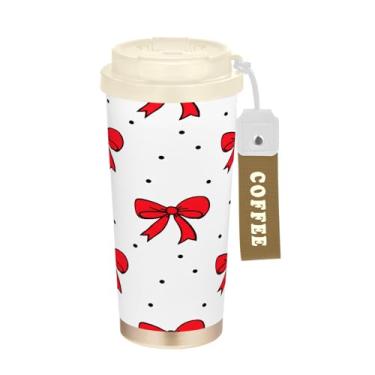Imagem de Wassud Caneca de café de viagem isolada Red Bows and Dots Copo à prova de vazamento com tampa e canudo Garrafa de água de aço inoxidável para café quente/gelo, chá e cerveja