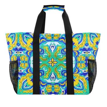 Imagem de Kigai Sacolas de mercearia reutilizáveis, estilo mexicano, azulejos verdes grandes, sacolas de compras resistentes à água, bolsa de piscina dobrável para roupas, sapatos e piqueniques