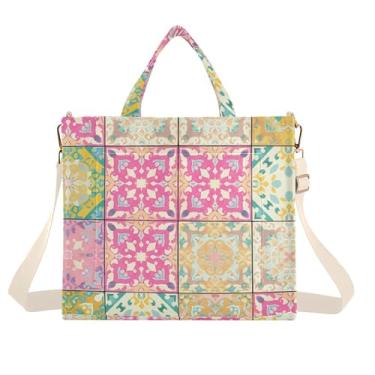 Imagem de Burbuja Sacola feminina colorida, vintage, de veludo cotelê, bolsa tiracolo para compras, trabalho, viagens, Azulejos vintage coloridos, Medium