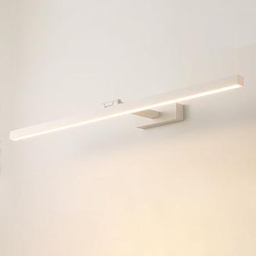 Imagem de Luminária de parede linear minimalista com espelho frontal ajustável para banheiro, em alumínio, estilo faixa longa, ideal para lavabo, com espelho giratório para cima e para baixo (branca,
