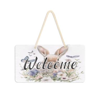 Imagem de Burbuja Placa de boas-vindas de flores de coelho em aquarela para porta da frente, placa de boas-vindas de PVC para decoração de férias, 15 x 28 cm