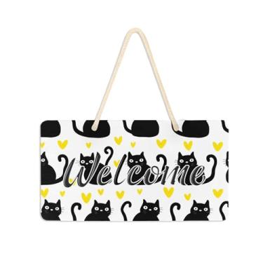 Imagem de Burbuja Placa de boas-vindas de gatos pretos para porta da frente, placa de boas-vindas de PVC para decoração de férias, 15 x 28 cm