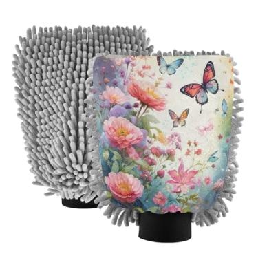 Imagem de STAYTOP Lindas luvas de lavagem de carro com flores e borboletas, 2 peças, luvas de microfibra de chenille, sem arranhões, panos de esponja de lavagem ultra absorventes para carros, limpeza doméstica