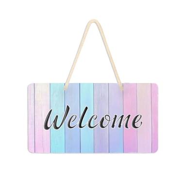 Imagem de Burbuja Placa de boas-vindas de madeira pastel colorida para porta da frente, placa de boas-vindas de PVC para decoração de férias, 15 x 28 cm