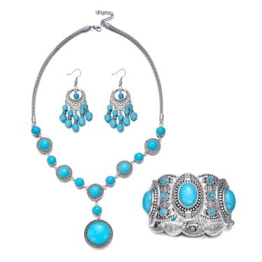 Imagem de RINHOO FRIENDSHIP Conjunto de 3 peças de joias boêmias turquesa para mulheres - Colar vintage ocidental brincos pulseira acessórios de vaqueira para presente de concerto country, Medium, Metal, Sem