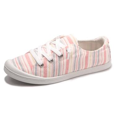 Imagem de Tênis feminino de lona, cano baixo, casual, para caminhada, clássico, confortável, sem cadarço, Listra rosa e cinza, 37