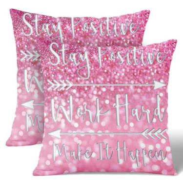 Imagem de Wknoon Conjunto de capas de travesseiro de linho 45,7 x 45,7 cm (pacote com 2) - Stay Positive Work Hard and Make It Happen Citação inspiradora, capa de almofada de sofá com glitter rosa, decoração