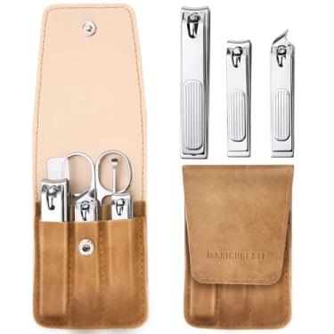 Imagem de Conjunto de 6 peças de cortadores de unhas para homens e mulheres, ferramentas premium de manicure/pedicure, cortadores de unhas com bolsa de couro bege PU, ideias de presente para o Natal, Dia dos
