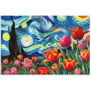 Imagem de Tulipa Flores Noite Estrelada Adultos Quebra-cabeça 1000 Peças Quebra-cabeça Brinquedo Arte Divertido Quebra-cabeça Família Amantes Presentes, 75 x 40 centímetros