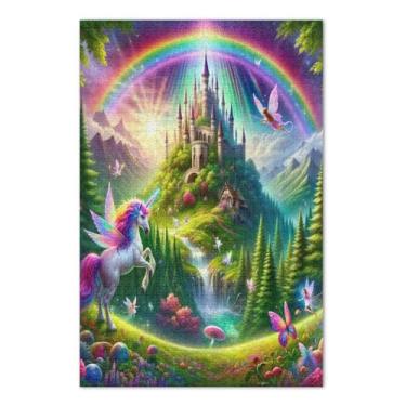 Imagem de Castelo com unicórnio arco-íris quebra-cabeça de 500 peças, quebra-cabeça engraçado, jogos adultos para noite de jogo
