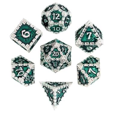 Imagem de UDIXI Metal DND Dice Set, 7PCS Polyhedral Metal Dice Set D&D Dragon with Gift Box for Role Playing Games and Other Tabletop Game (Silver Green)