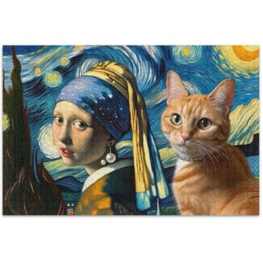 Imagem de Quebra-cabeça engraçado gato noite estrelada bonito 500 peças para adultos paisagem floral Prime quebra-cabeças família elefante branco presentes, 51 x 35 centímetros