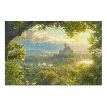 Imagem de Bela paisagem de floresta com castelo quebra-cabeças de 1000 peças para adultos, quebra-cabeças trippy para adultos com letras nas costas