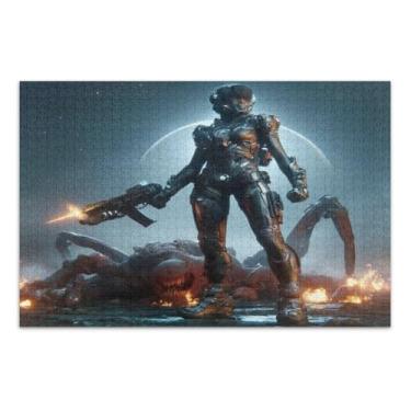 Imagem de Quebra-cabeça de ficção científica feminina guerreira e monstro difícil para adultos com letras nas costas 500 peças