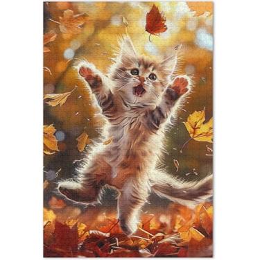 Imagem de Quebra-cabeça de folhas de outono gatinho 500 peças para adultos divertido paisagem boba pintura decoração