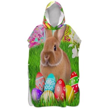Imagem de Joisal Poncho de surfe plus size trocador de roupão para adultos toalha de banho com capuz fofo coelho da Páscoa branco floral poncho masculino com capuz