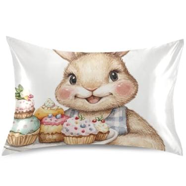 Imagem de Smiling Bunny Capas de almofada de cetim com estampa de aquarela para resfriamento de cabelo, almofadas engraçadas King Queen padrão, decoração de cama, tamanho Queen, 76,2 cm x 50,8 cm