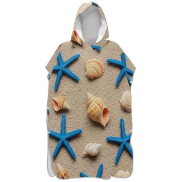 Imagem de Joisal Poncho de surf com estrela do mar azul conchas para adultos trocador de roupa de praia com capuz toalha de banho reutilizável ponchos adultos para mulheres