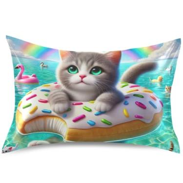 Imagem de Lindas capas de almofada de cetim gato donut gatinho refrescante travesseiro padrão queen king size padrão padrão quarto estética, tamanho padrão, 66 cm x 50 cm