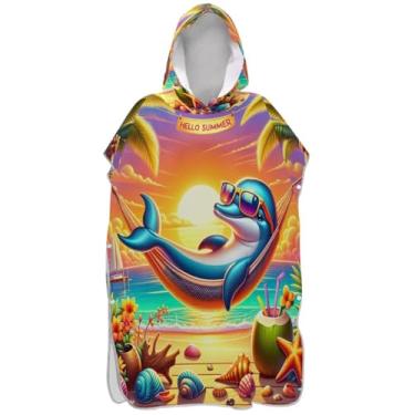 Imagem de Joisal Golfinho engraçado Hello Summer Surf Poncho para adultos trocador toalha de banho praia com capuz plus size ponchos femininos com capuz