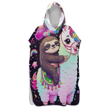 Imagem de TSENQUE Poncho de surfe trocador de roupão adulto praia moletom toalha natação secagem rápida bonito desenho animado preguiça unicórnio lhama adulto ponchos para mulheres
