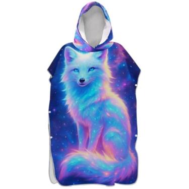 Imagem de Joisal Poncho de surfe para adultos trocador com capuz toalha de natação plus size ponchos femininos com capuz galáxia raposa neon