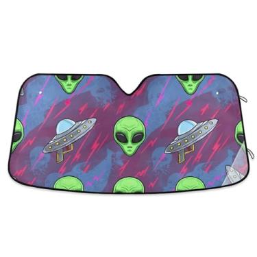 Imagem de Green Alien Heads Azul Roxo Guarda-sol personalizado para para-brisa de carro Engraçado retrátil dobrável automotivo protetor solar floral S, 134,6 cm x 59,7 cm