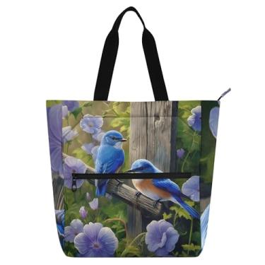 Imagem de Bolsa feminina Bluebirds Flowers para trabalho, lona, praia, livros, zíper, bolsa feminina, infantil, presente para amantes de livros