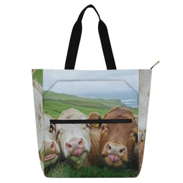 Imagem de GAIGEO Cute Cows Bolsa de trabalho engraçada para mulheres bolsas de lona bolsa de mão média para escola universitária com compartimentos
