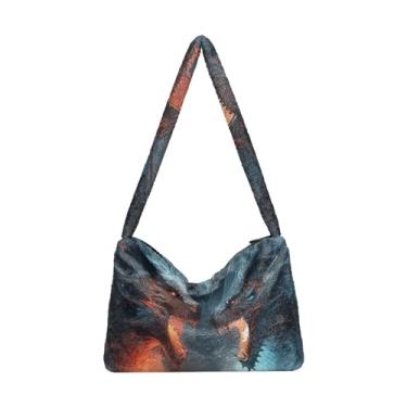 Imagem de Bolsa de pelúcia Ferocious Leopard preta de parede quebrada, sacola com zíper e alça de ombro, bolsa de ombro para mulheres, Bonito dragão de gelo e fogo, One Size