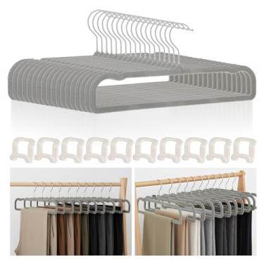 Imagem de Cabides de veludo antiderrapantes, pacote com 20 cabides de veludo cinza, retangulares, cabides de veludo fino com 10 ganchos para jeans, sutiãs, shorts