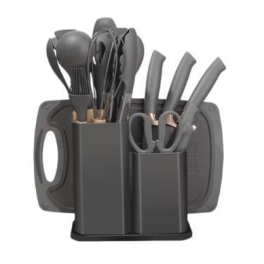 Imagem de Kit Jogo Utensílios De Cozinha 19 Peças Com Tábua Em Silicone (Cinza)