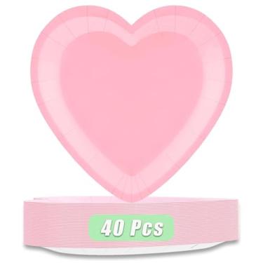 Imagem de JIEFULL 40 peças de pratos de papel rosa em forma de coração 23 cm descartáveis para dia dos namorados para festa dos namorados, reuniões de aniversário, casamento, noivado, suprimentos de mesa