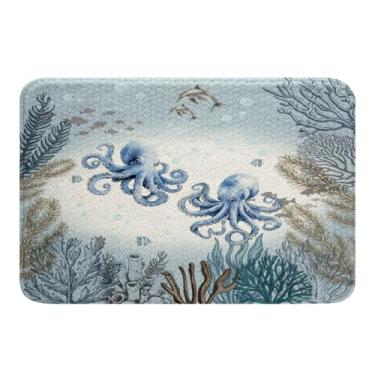 Imagem de Erosebridal Tapete de banho de polvo oceano, 40,6 cm x 61 cm, azul-petróleo, mar, costeiro, tapete de casa de banho para crianças, meninos, meninas, recifes de corais, peixes, entrada kawaii, vida