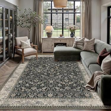 Imagem de HUGEAR Tapetes laváveis à máquina, preto, bege, corredor, grande área, tapete floral, de pelo baixo, tapete macio, tapete estético, quarto, sala de estar, escritório, sala de jantar, lavanderia