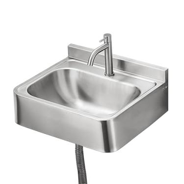 Imagem de Pia de mão de montagem na parede, pia de aço inoxidável de tigela única, pia de banheiro de aço inoxidável, pia com torneira, perfeita para restaurantes, bares, lojas, cozinha e mais
