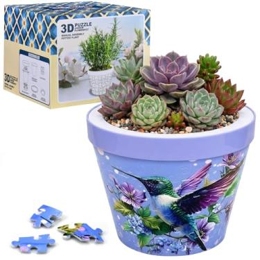 Imagem de Vaso de quebra-cabeças 3D para adultos, vaso de plantas com padrão único DIY (beija-flor e flores)