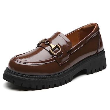 Imagem de OKJ Mocassins femininos grossos e sem cadarço fashion Penny Comfort Business Casual Sapatos elegantes para trabalho de escritório mocassins plataforma pretos para mulheres, Marrom, 35