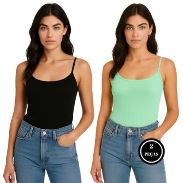 Imagem de Kit 2 Camiseta Canelada Blusa Alcinha Regata - c8 KIT 2 KISSILA PRETO 