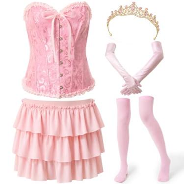 Imagem de Shyyween O conjunto de fantasia de princesa azul adulto inclui espartilho, minissaia, faixa de cabelo, luvas longas de cetim, meias até o joelho, rosa, PP